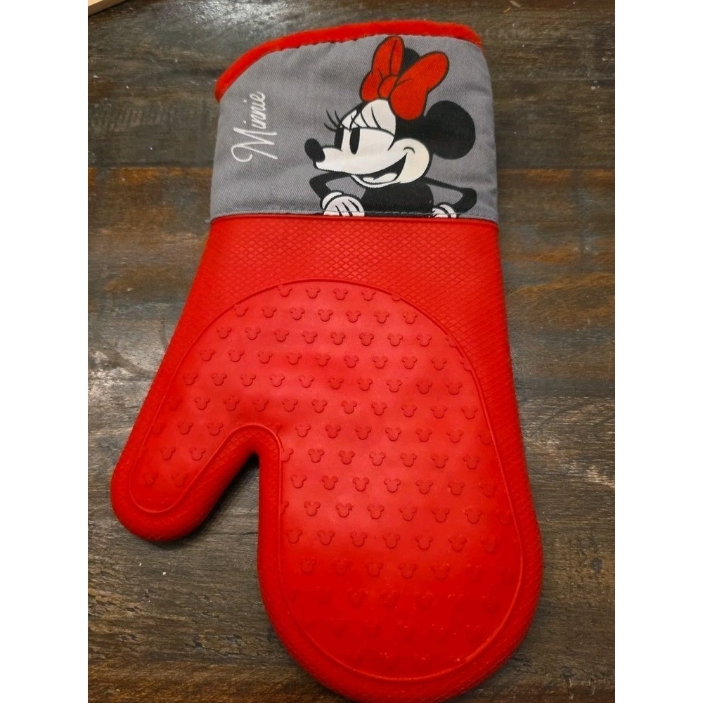 Disney Minnie Mouse Red Silicone Oven Mitt Gray Fabric Cuff Mickey Heads Texture - Picture 1 of 5
